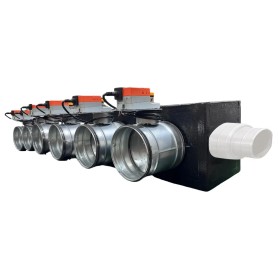 Plenum in poliuretano espanso a 6 zone con serrande motorizzate Lindab da 160 o 200 mm con attacco laterale VMC