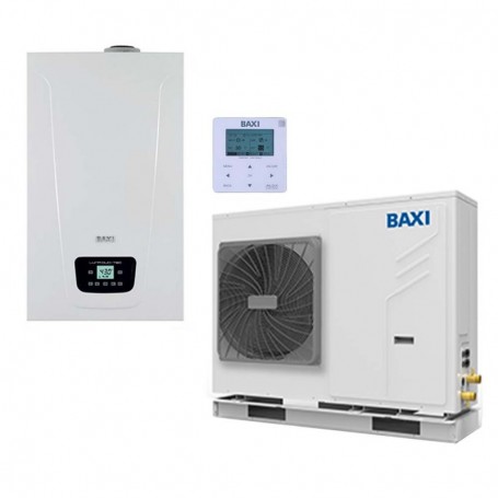Sistema ibrido con caldaia da 33 kw in integrazione alla pompa di calore Baxi Auriga 9 kw monoblocco inverter monofase R32